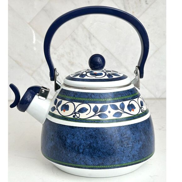 Pfaltzgraff Enamel Tea Kettle Blue/Green/White Stripe & Floral Orleans Pattern - Picture 3 of 9